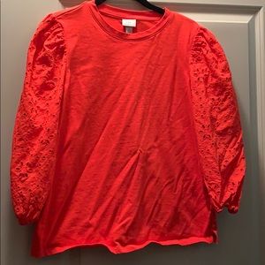 Red Eyelet T Shirt 3/4 Sleeve